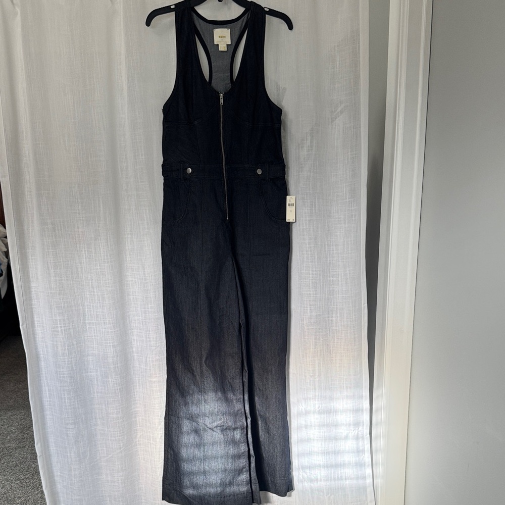 Maeve Anthropologie dark blue Denim Jumpsuit with Zipper size 10 NWT